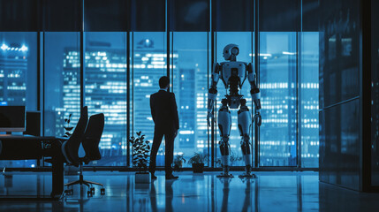 Coexistence of Man and Humanoid Robot in Modern Corporate Setting, High-Tech Office Environment, Futuristic Workplace Scenario, Seamless Integration of Artificial Intelligence in Everyday Life