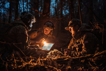 military special operation or soldiers in the forest at night