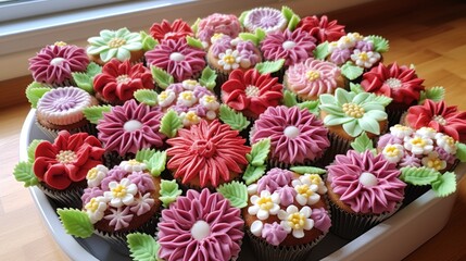 A vibrant tray of cupcakes adorned with edible flowers for celebration and events