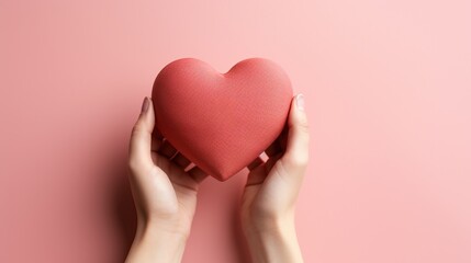 Fototapeta premium Hands holding decorative heart on white background, top view with space for text