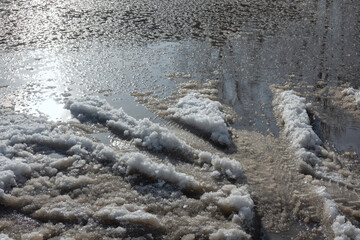 The bank of a winter muddy puddle on the road. There are car tire tracks in the snow. Background. Close-up.