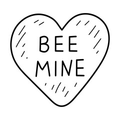 Coloring page heart doodle. Lettering bee mine. Hand drawn vector illustration.