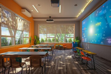 A modern classroom in the future, students learning through interactive 3D projections and virtual reality headsets