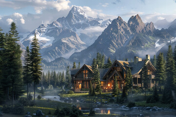 Obraz premium Peaceful mountain retreat: Nestled among towering peaks and lush forests, a secluded mountain lodge offers panoramic views of pristine wilderness, with cozy cabins
