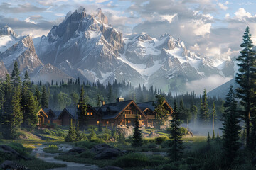 Peaceful mountain retreat: Nestled among towering peaks and lush forests, a secluded mountain lodge offers panoramic views of pristine wilderness, with cozy cabins