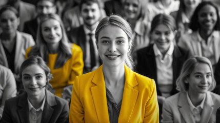 Front-and-Center Woman Smiling in Business Attire, Highlighted in Colorful Contrast amidst Desaturated Black and White Corporate Crowd in Professional Office Setting, Projecting Positive and Professio