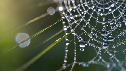 Mystical Morning Web: Spiderweb Draped in Dew Drops, a Captivating Display of Nature's Delicate Artistry