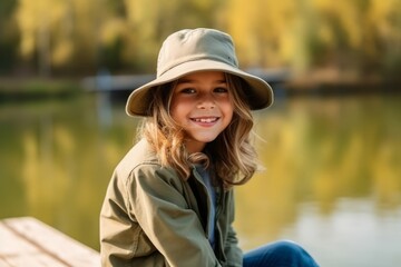 Portrait of a cute little girl sitting on a wooden pier by the lake