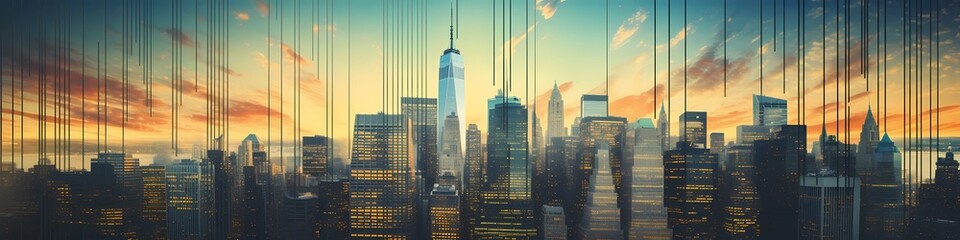 An ascending stock trend superimposed over a panoramic view of a financial district.