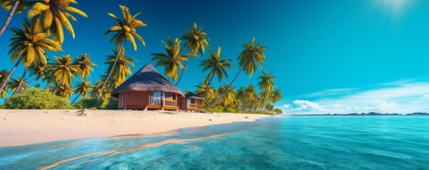 Fototapeta na wymiar resort on paradisiacal beach with white sand, turquoise sea and palm trees