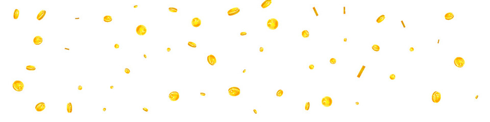 Chinese yuan coins falling. Scattered gold CNY