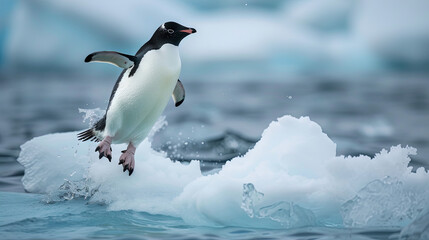 Obraz premium A penguin leaps into the water from an icy platform.
