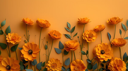 An enchanting scene showcasing marigold paper flowers set against a vibrant orange backdrop, offering space for personalized text or greeting card messages. Tailor-made for International Women's day