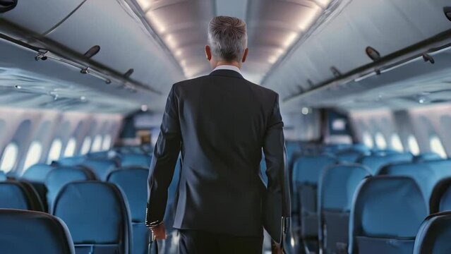Rear view of businessman in suit standing in airplane cabin. Toned image