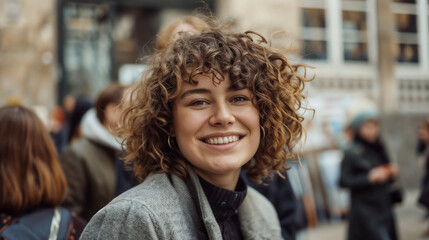 Young Woman with Curly Hair Smiling at Camera in Grey Blazer, Desaturated Background with a Group of People Engaging Each Other, Possibly Colleagues or Friends, Professional or Social Gathering Settin