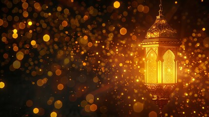 Arabic traditional lantern background with bokeh particles. Ramadan Kareem special background with copy space.