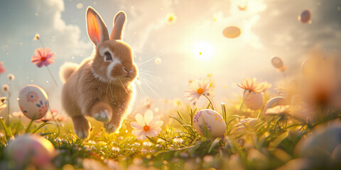 Cute Easter bunny with easter eggs with spring flowers flying around on a nature background against sun light. Funny tradition concept. 