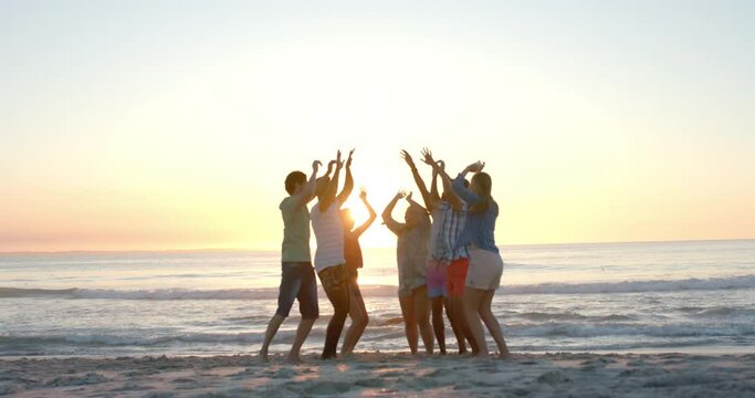 Diverse group of friends celebrate at the beach at sunset at a party