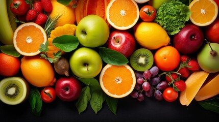 Top view texture, background of fresh colorful fruits and vegetables. Orange, Apple, Kiwi, Tomato, lettuce, grapes, lemon on the table.