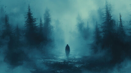 Men in the foggy forest. Created with Ai - obrazy, fototapety, plakaty