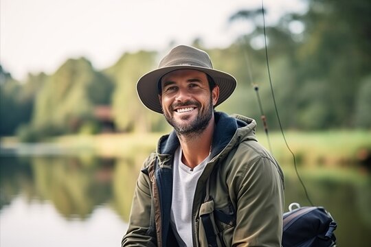 Portrait of a happy fisherman with a fishing rod on the lake