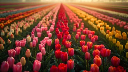 Poster Aerial view of a tulip farm in the Netherlands, displaying an array of colors as the tulips bloom in perfect rows, © arhendrix