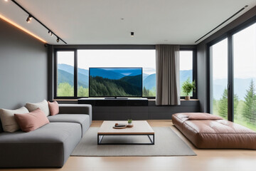 Cozy home living room interior with couch and tv display with panoramic window