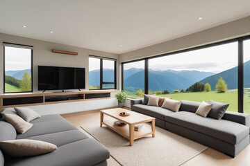 Cozy home living room interior with couch and tv display with panoramic window