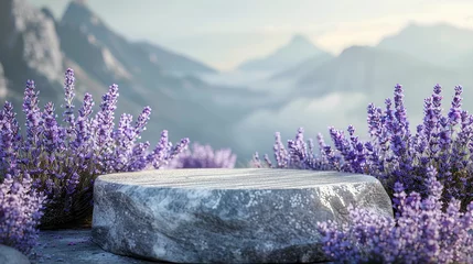 Foto auf Acrylglas Stone round product display podium with lavender flowers on a mountain top for cosmetic, beauty, health care , product adverting © amila