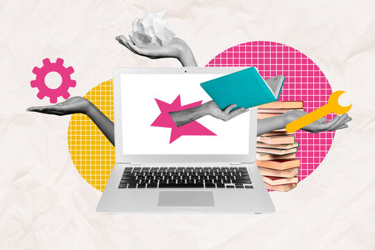 Collage picture concept of remote education lesson from home homework tasks drawing background