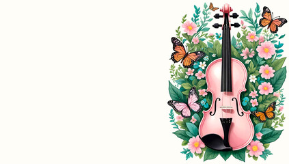 Violin with flowers and butterflies flying around on white background.Spring or summer, classic music,melody concept.Banner for design with copy space.Generative AI.