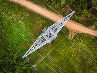 High voltage aerial view. high voltage pole and the view of the natural, sunrise. High-angle, top...
