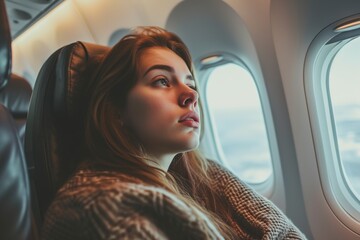 young adult woman sitting on a plane thinking about her problems