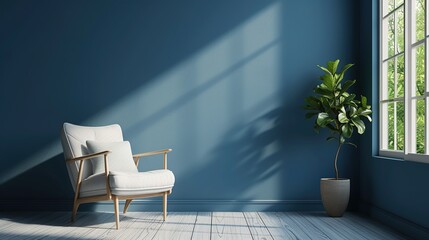 The interior has a armchair on empty dark blue wall background