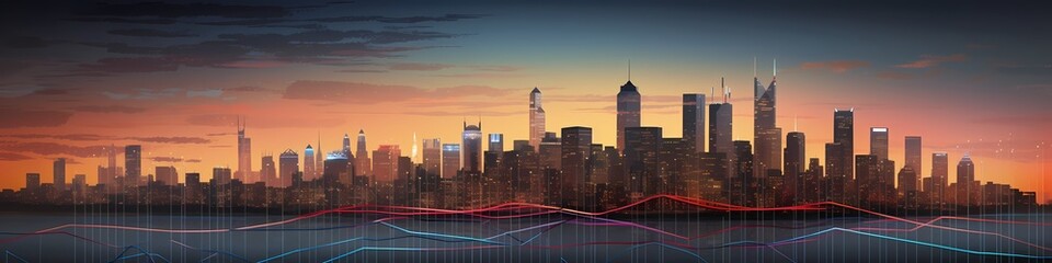 A soaring stock graph against a city skyline backdrop at dusk, illuminated with vibrant hues.