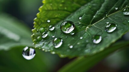 Nature's Ephemeral Ballet: Close-Up Raindrop Suspended in Reflection, Capturing the Pure Essence of Fresh Greenery