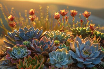 Array of succulents in a desert landscape at golden hour, showcasing various textures and colors of...