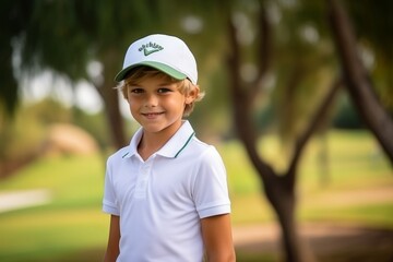 Portrait of a cute little boy playing golf on the golf course
