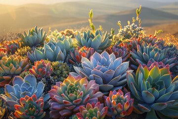 Array of succulents in a desert landscape at golden hour, showcasing various textures and colors of...