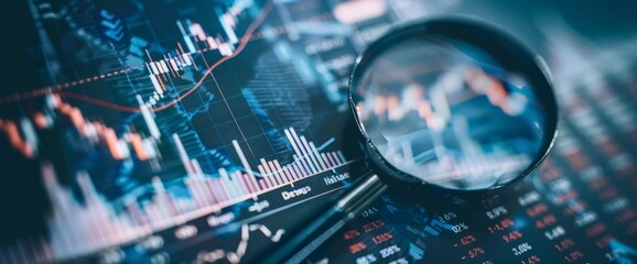 Magnifying glass and stock charts on financial background
