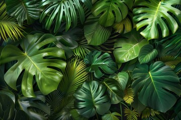 Artistic composition of an assortment of tropical plants with lush green leaves, featuring different textures and shades of green, ideal for a botanical illustration