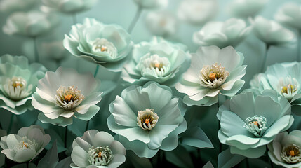 An elegant background featuring mint green paper flowers, providing a blank canvas for customized text or greeting card designs. Suited for International Women's Day and Mother's Day events