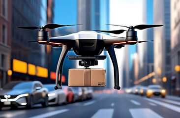 An autonomous drone carrying a package hovers in the sky, quickly delivering a package over a congested city street filled with cars stuck in traffic