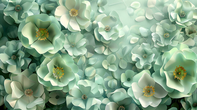 An elegant background featuring mint green paper flowers, providing a blank canvas for customized text or greeting card designs. Suited for International Women's Day and Mother's Day events