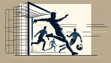 Stylized illustration of soccer players in action, with one attempting a goal in a dynamic pose against a simple, two-tone background.Sport concept.AI generated.