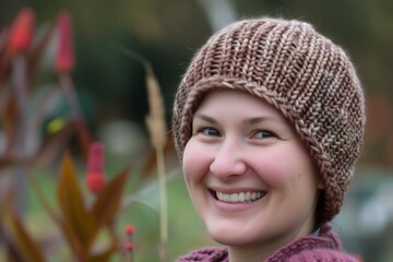 knitted brain cap worn by a smiling individual