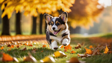 A cheerful Corgi pup frolicking against an autumnal backdrop, featured in a wide web banner. - obrazy, fototapety, plakaty