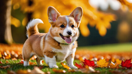 A cheerful Corgi pup frolicking against an autumnal backdrop, featured in a wide web banner.
