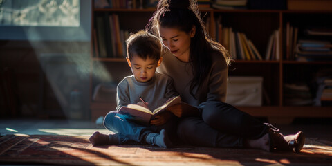 Mother with son reading a book - Powered by Adobe