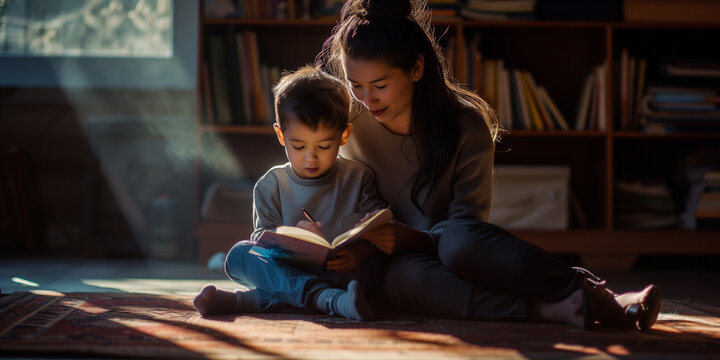Mother with son reading a book